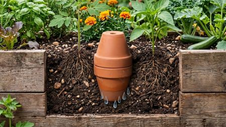 Ein Querschnitt durch ein Gartenbeet zeigt eine Olla, die aus zwei aufeinandergesetzten Tontöpfen besteht und in der dunklen Erde vergraben ist. Aus dem unteren Topf dringen animierte Wassertropfen in das umliegende Erdreich zu den Wurzeln der benachbarte