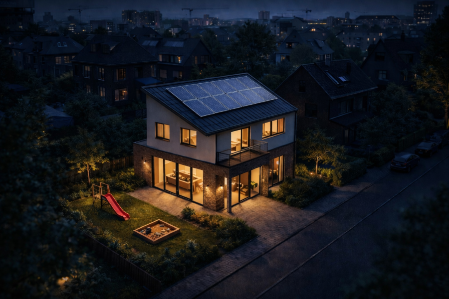 Hell erleuchtete, moderne Stadtvilla mit PV-Modulen auf dem Dach bei Dämmerung