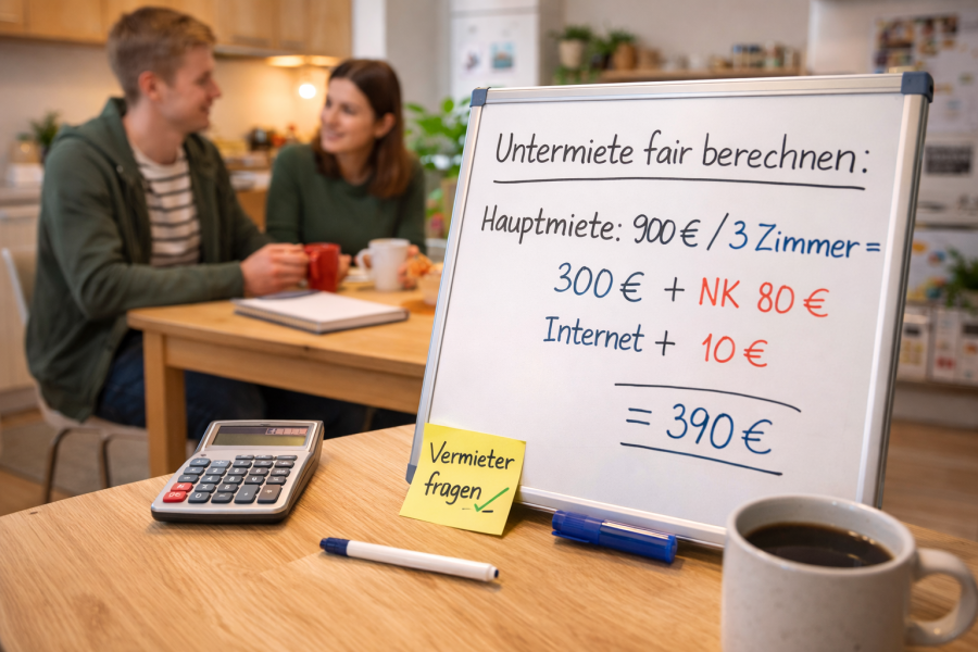 Whiteboard in einer WG-Küche mit Beispielrechnung „Untermiete fair berechnen“ (Hauptmiete, Nebenkosten, Internet) neben Taschenrechner und Kaffeetasse; im Hintergrund sitzen zwei Personen am Tisch.