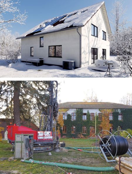 Zwei Bilder von einer Luft-Wärmepumpe (oben) und einer Erdsonden-Wärmepumpe (unten)