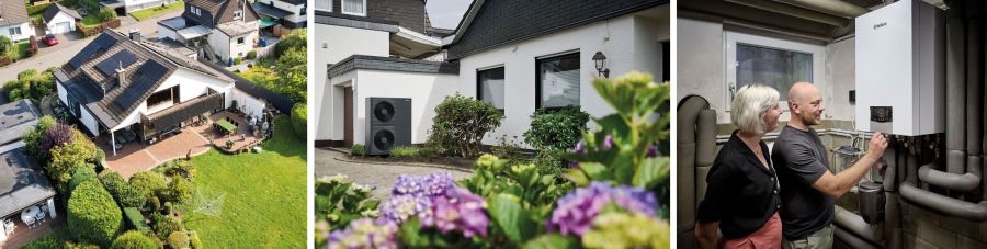 Drei Bilder zum Konzept einer Luft-Wärmepumpe: Hauseigene Photovoltaik, ein gut gedämmtes Gebäude