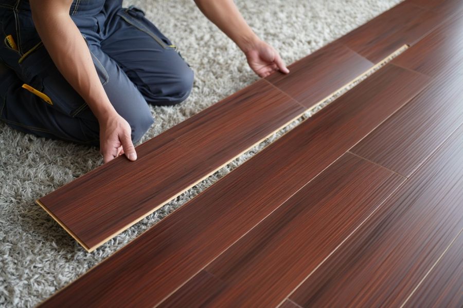 Eine kniende Person in Arbeitskleidung verlegt präzise dunkelbraune Laminat- oder Parkettbretter. Der Untergrund ist ein heller, flauschiger Teppichboden, auf dem die neuen Dielen sorgfältig eingepasst werden.