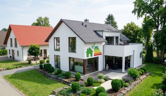 Ein freistehendes, weißes Einfamilienhaus mit anthrazitfarbenem Satteldach und gepflegtem Vorgarten an einem sonnigen Tag. Auf der weißen Fassade ist grafisch eine Farbskala der Energieeffizienzklassen von A+ bis H mit einem grünen Haus-Symbol und Häkchen