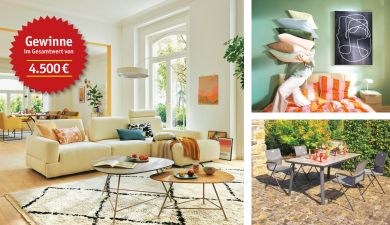 Wohnzimmerambiente mit Sofa und weiteren Möbeln, Schlafzimmer mit Bett, Kissen und Nachttisch, Terrasse mit Gartenmöbeln, auf einem Gewinnspielstern steht "Gewinne im Gesamtwert von 4.500 Euro"
