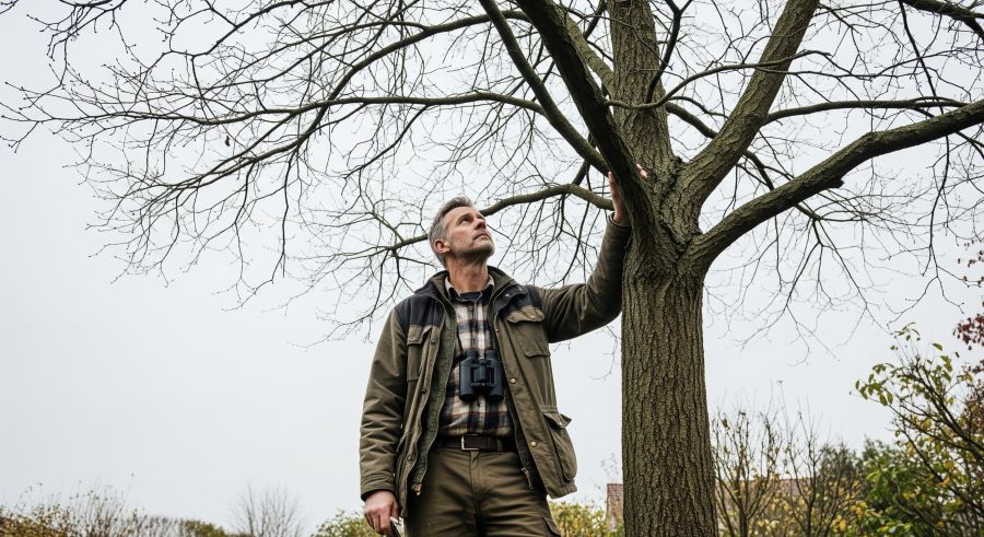 Ein Mann mittleren Alters in einer wetterfesten Jacke steht im Freien unter einem großen, kahlen Laubbaum. Er blickt nach oben in die Äste und legt eine Hand an den Stamm, als würde er den Baum auf Schäden oder Totholz untersuchen.