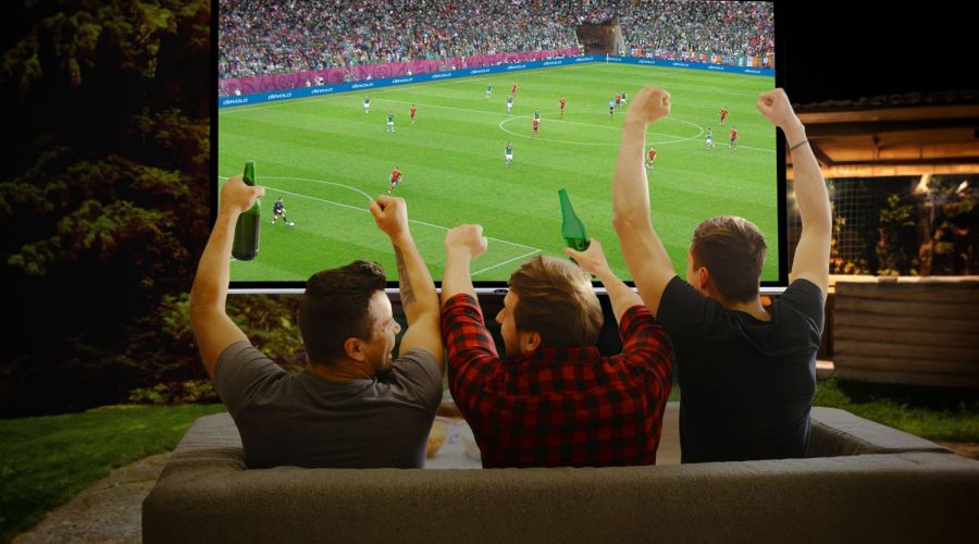 Drei Männer sitzen im Garten und bejubeln Fußball auf der Großbildleinwand