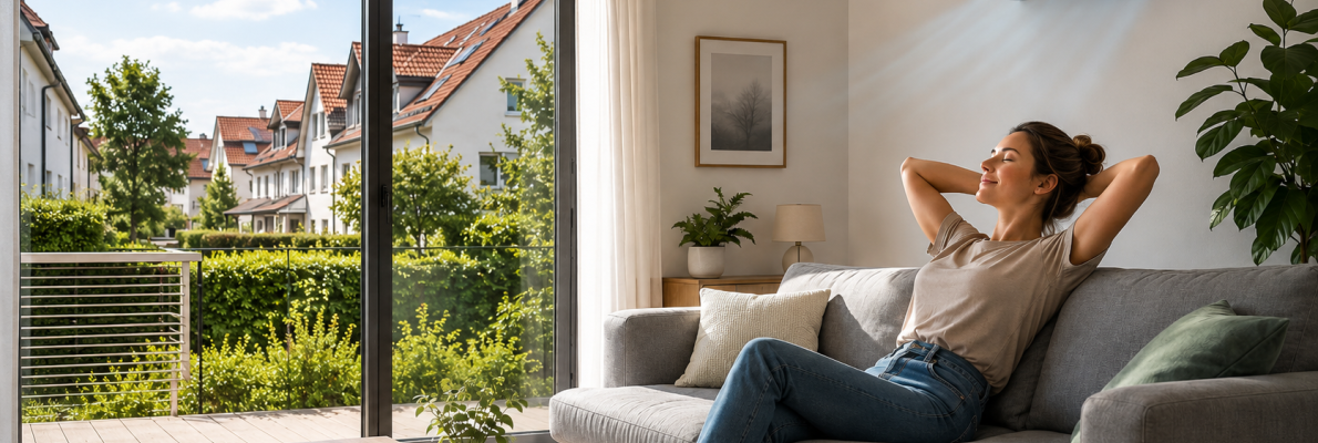 Frau entspannt in ihrer gekühlten Wohnung, sie sitzt auf der Couch und über ihr ist eine Klimaanlage