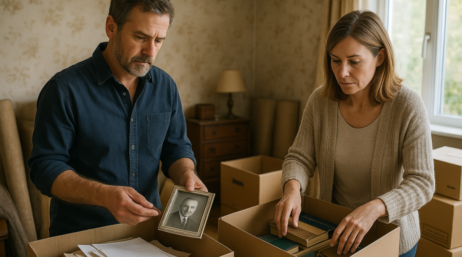 Ein Paar packt Umzugskartons mit alten Büchern und Papieren