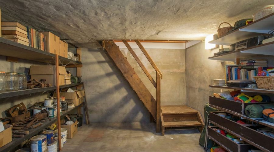Ein älterer, vollgestellter Kellerraum mit grauen Betonwänden, niedriger Decke und einer einfachen Holztreppe. Regale an den Wänden sind dicht gefüllt mit Büchern, Dosen und Kisten; auf dem Boden stehen Farbeimer und Werkzeuge.