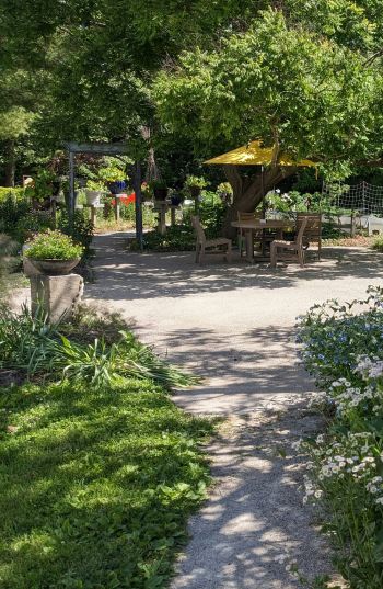 Ein Kiesweg führt zu einer schattigen Terrasse unter Bäumen