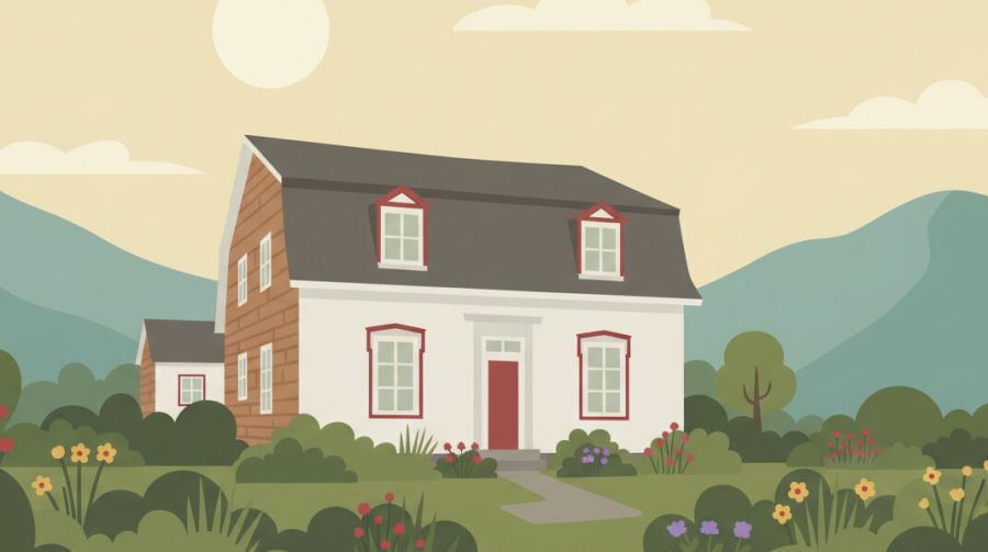 Ein weißes Haus mit einem Mansarddach, das im unteren Bereich steil abknickt und Dachgauben beherbergt. Der Stil wirkt klassisch und etwas herrschaftlich.