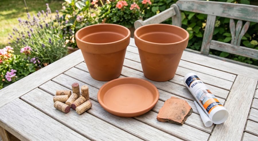 Auf einem Gartentisch aus Holz liegen die Materialien zum Bau einer Olla bereit. Zu sehen sind zwei unglasierte Tontöpfe, ein passender Tonuntersetzer, mehrere Weinkorken, eine abgebrochene Tonscherbe sowie eine weiße Tube Silikonkleber.