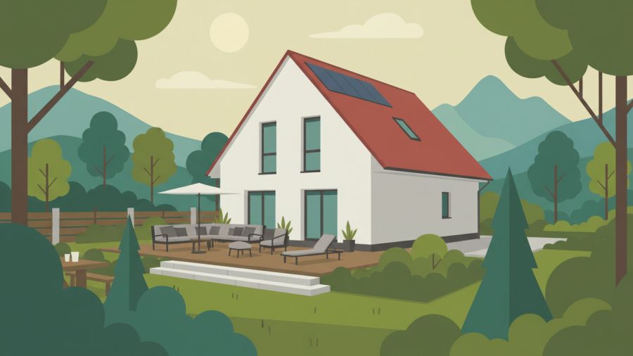Ein weißes Haus mit einem klassischen, roten Satteldach, auf dem Solarmodule installiert sind. Im Vordergrund befindet sich eine Holzterrasse mit grauen Loungemöbeln.
