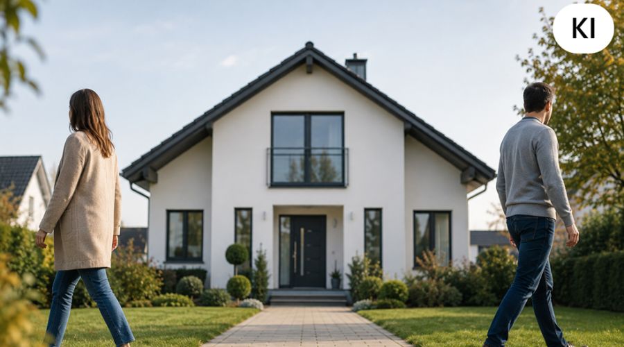 Mann und Frau gehen vor einem Einfamilienhaus in unterschiedliche Richtungen.