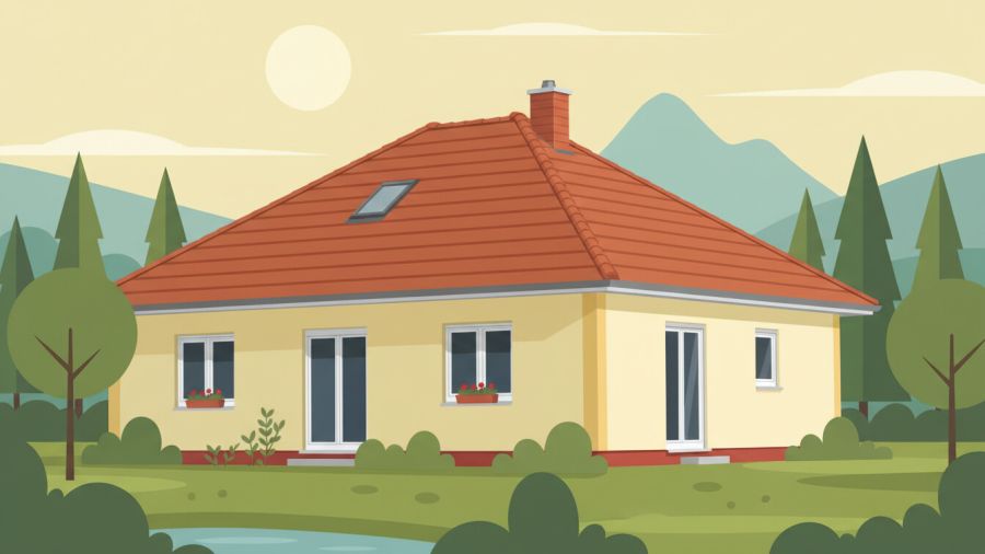 Ein eingeschossiger, hellgelber Bungalow mit einem roten Ziegel-Walmdach, das über geneigte Dachflächen auf allen vier Hausseiten verfügt. Im Vordergrund sind ein kleiner Teich und gepflegte Grünflächen zu sehen.