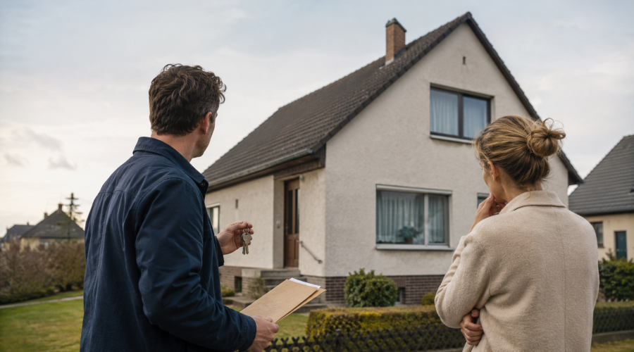 Ein Paar mittleren Alters steht nachdenklich vor einem alten Haus