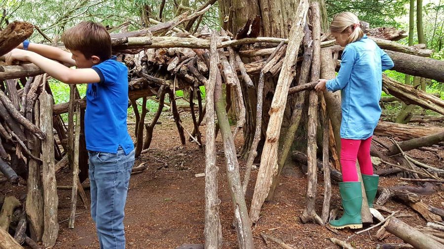 Kinder bauen sich ein Haus aus Ästen