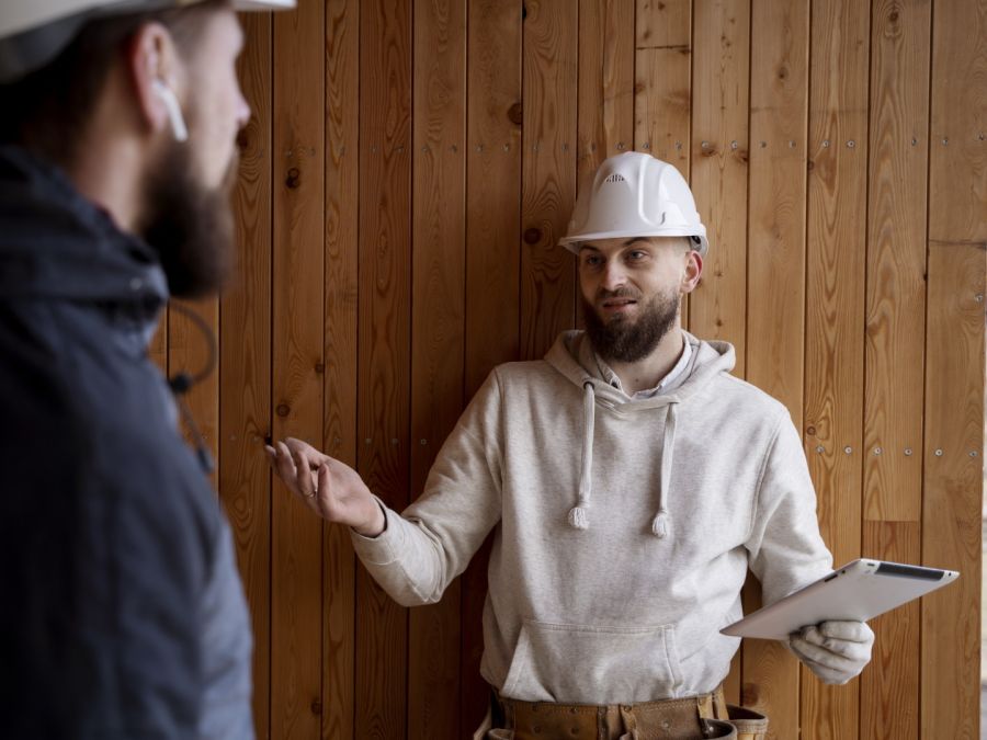 Zwei Männer in Arbeitskleidung und weißen Schutzhelmen stehen vor einer Holzwand und besprechen sich. Einer der Handwerker hält ein Tablet in der Hand und gestikuliert erklärend.