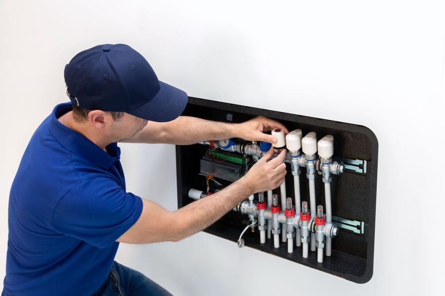 Ein Handwerker in blauer Arbeitskleidung und einer Kappe arbeitet an einer Wandinstallation mit verschiedenen Rohren und Ventilen. Er dreht einen der Rohre, während er sich auf die technische Einrichtung konzentriert.