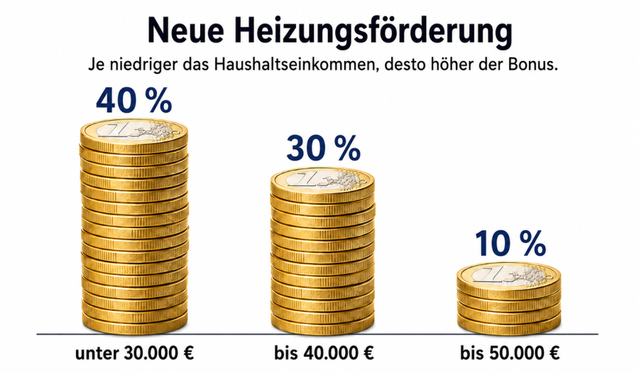 Infografik zur neuen Heizungsförderung: Gestapelte Euromünzen zeigen den Förderbonus nach Haushaltseinkommen – 40 Prozent bei unter 30.000 Euro, 30 Prozent bis 40.000 Euro und 10 Prozent bis 50.000 Euro; für Familien werden bei der Einkommensprüfung 10.00