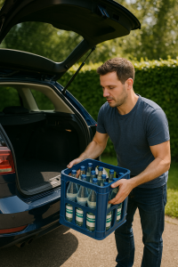 Mann hebt Wasserkasten aus Auto