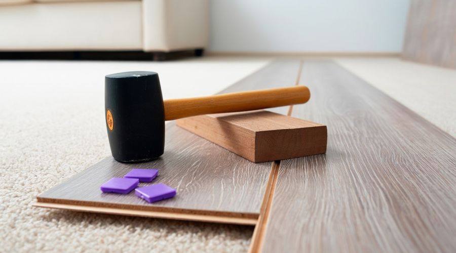Das Bild zeigt eine Nahaufnahme von Werkzeugen und Material zur Laminatverlegung: Ein schwarzer Gummihammer, ein Schlagklotz und mehrere helle Laminatdielen liegen auf einem beigefarbenen Teppichboden. Im unscharfen Hintergrund ist ein häuslicher Wohnraum