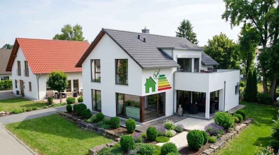 Ein freistehendes, weißes Einfamilienhaus mit anthrazitfarbenem Satteldach und gepflegtem Vorgarten an einem sonnigen Tag. Auf der weißen Fassade ist grafisch eine Farbskala der Energieeffizienzklassen von A+ bis H mit einem grünen Haus-Symbol und Häkchen
