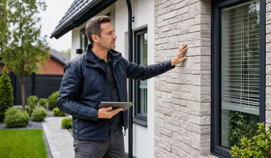 Gutachter streicht über Hauswand