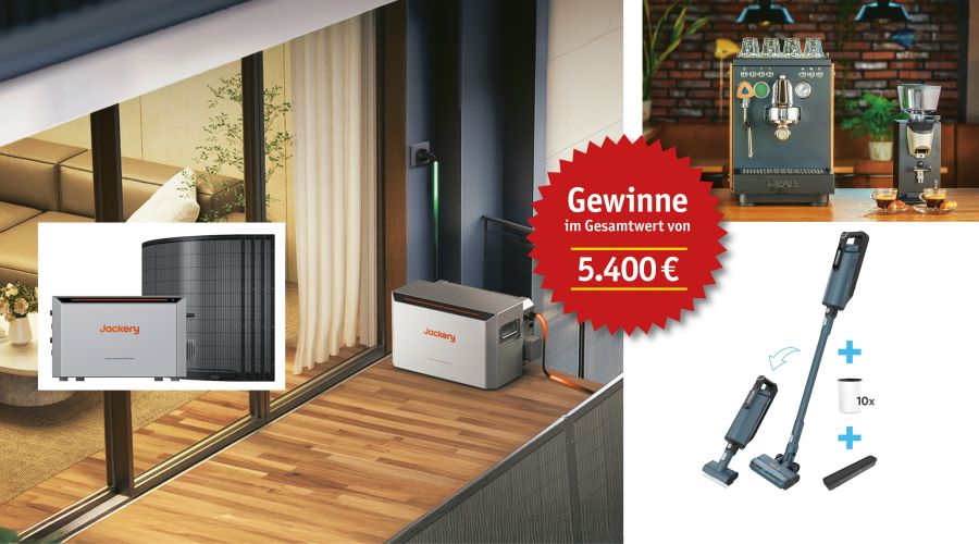 DIY-Balkonkraftwerkspeicher, Siebträger-Kaffeemaschine und Akku-Staubsauger-Set, auf einem Gewinnspielstern steht "Gewinne im Gesamtwert von 5.400 Euro"