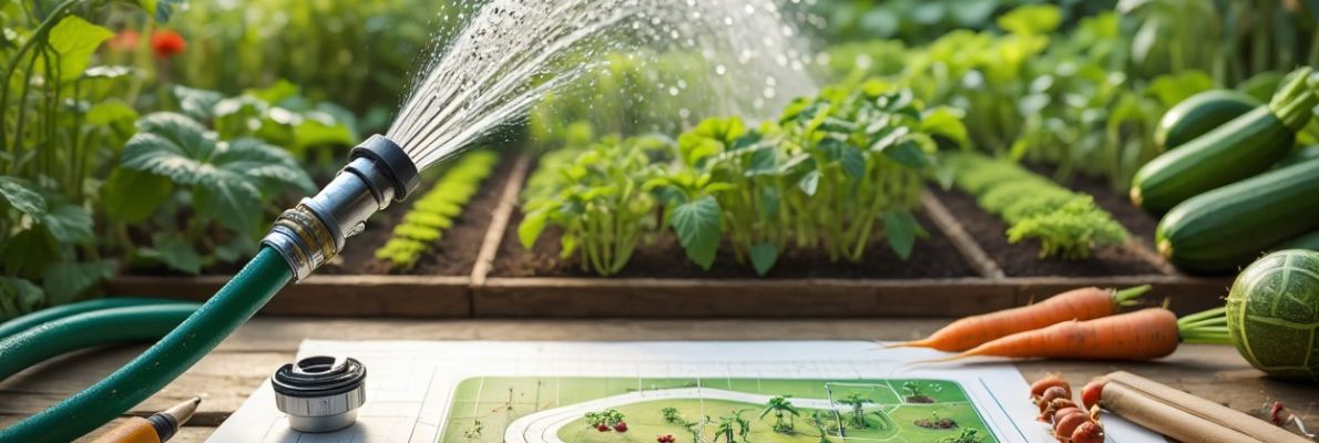 Ein Gartenschlauch verspritzt Wasser auf Gemüsebeete. Davor liegt ein gezeichneter Gartenplan mit Bleistiften und Gartenwerkzeug.