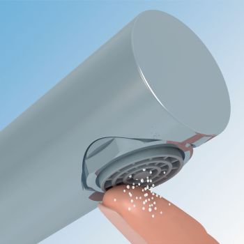 Verkalkte Wasserhahndüsen sind mit dem „Rubit-Luftsprudler” passé. Kalk einfach mit dem Finger von der elastischen Silikonscheibe abrubbeln.
