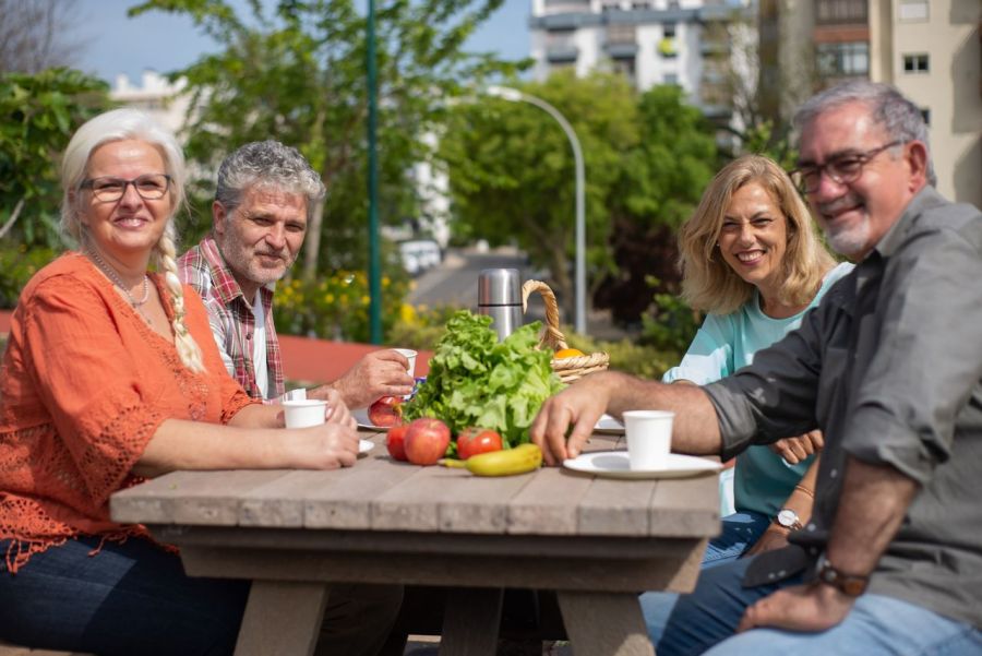 Vier ältere Menschen sitzen gemeinsam an einem Gartentisch.