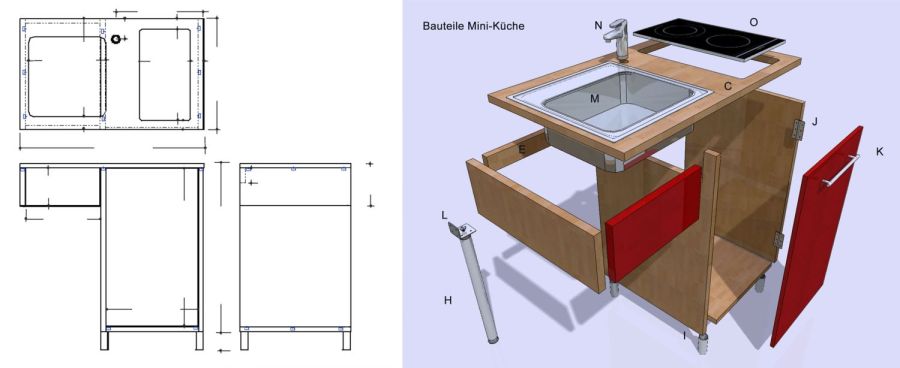 Skizze Aufbau Miniküche Pantryküche kleine Küche Minibar