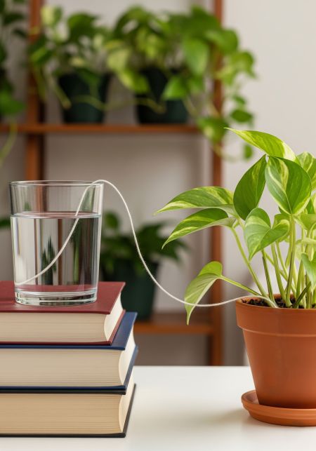 Eine Efeutute in einem Terrakotta-Topf wird mithilfe eines weißen Baumwollfadens bewässert. Der Faden führt von einem mit Wasser gefüllten Glas, das erhöht auf einem Stapel Bücher steht, in die Blumenerde und nutzt so den Kapillareffekt zur Bewässerung.