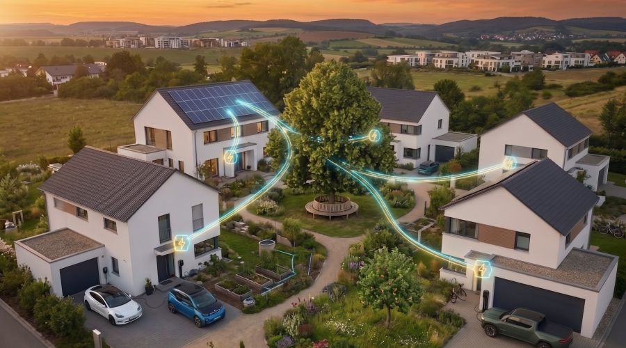 Eine Luftaufnahme einer modernen Wohnsiedlung während der Abenddämmerung. Leuchtende, animierte Linien verbinden die Dächer der mit Photovoltaikanlagen ausgestatteten Häuser und symbolisieren den dynamischen Austausch von Energie zwischen den Gebäuden.