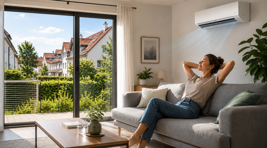 Frau entspannt in ihrer gekühlten Wohnung, sie sitzt auf der Couch und über ihr ist eine Klimaanlage