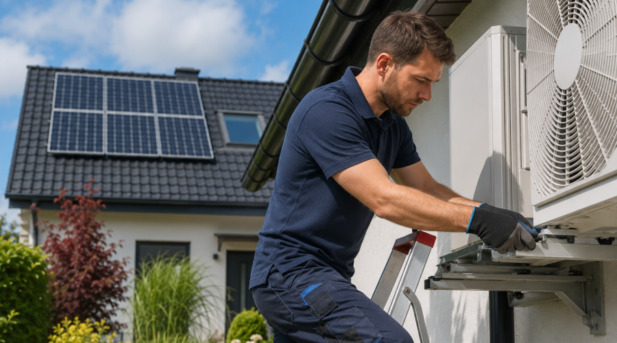 Ein Techniker wartet die Außeneinheit einer Wärmepumpe an einem Einfamilienhaus. Im Hintergrund sieht man ein Haus mit Photovoltaikanlage auf dem Dach.