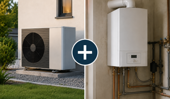 Splitscreen, mit einem + Symbol verbunden: Links ein Wärmepumpen-Außengerät, recht eine Gasbrennwerttherme