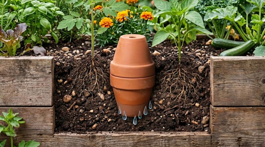 Ein Querschnitt durch ein Gartenbeet zeigt eine Olla, die aus zwei aufeinandergesetzten Tontöpfen besteht und in der dunklen Erde vergraben ist. Aus dem unteren Topf dringen animierte Wassertropfen in das umliegende Erdreich zu den Wurzeln der benachbarte