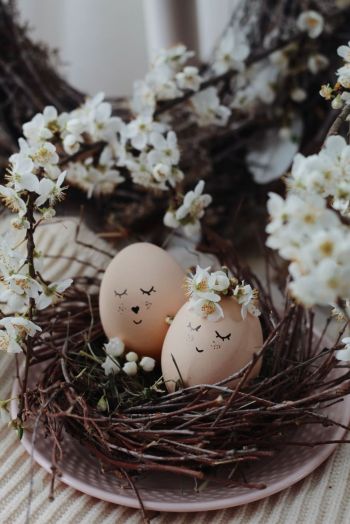 Osternest gestalten mit Ostereiern Smiley Gesicht Ostereier bemalen