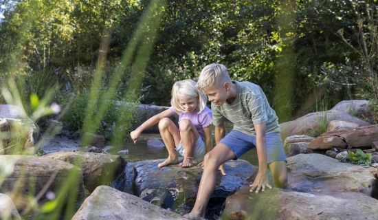 Kinder spielen am Bach