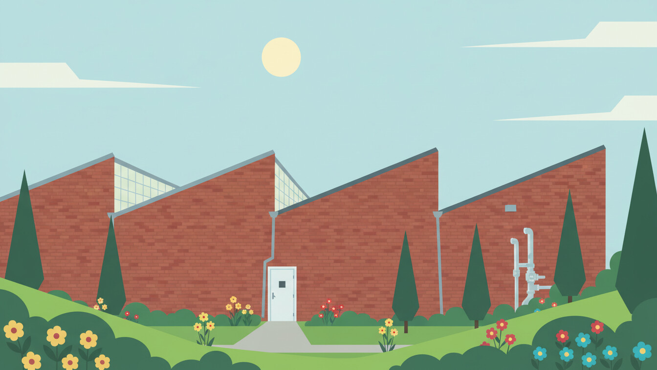 Ein langgestrecktes Gebäude aus rotem Backstein mit einem charakteristischen Sägezahndach (Sheddach). Die steileren Dachflächen sind verglast, um Licht in das Innere zu lassen; das Gebäude ist von Bäumen und Blumenbeeten umgeben.