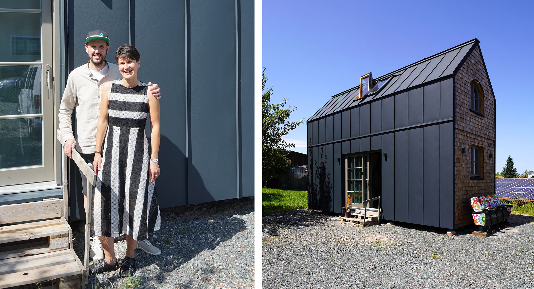 Junges Paar steht vor seinem Tiny House.