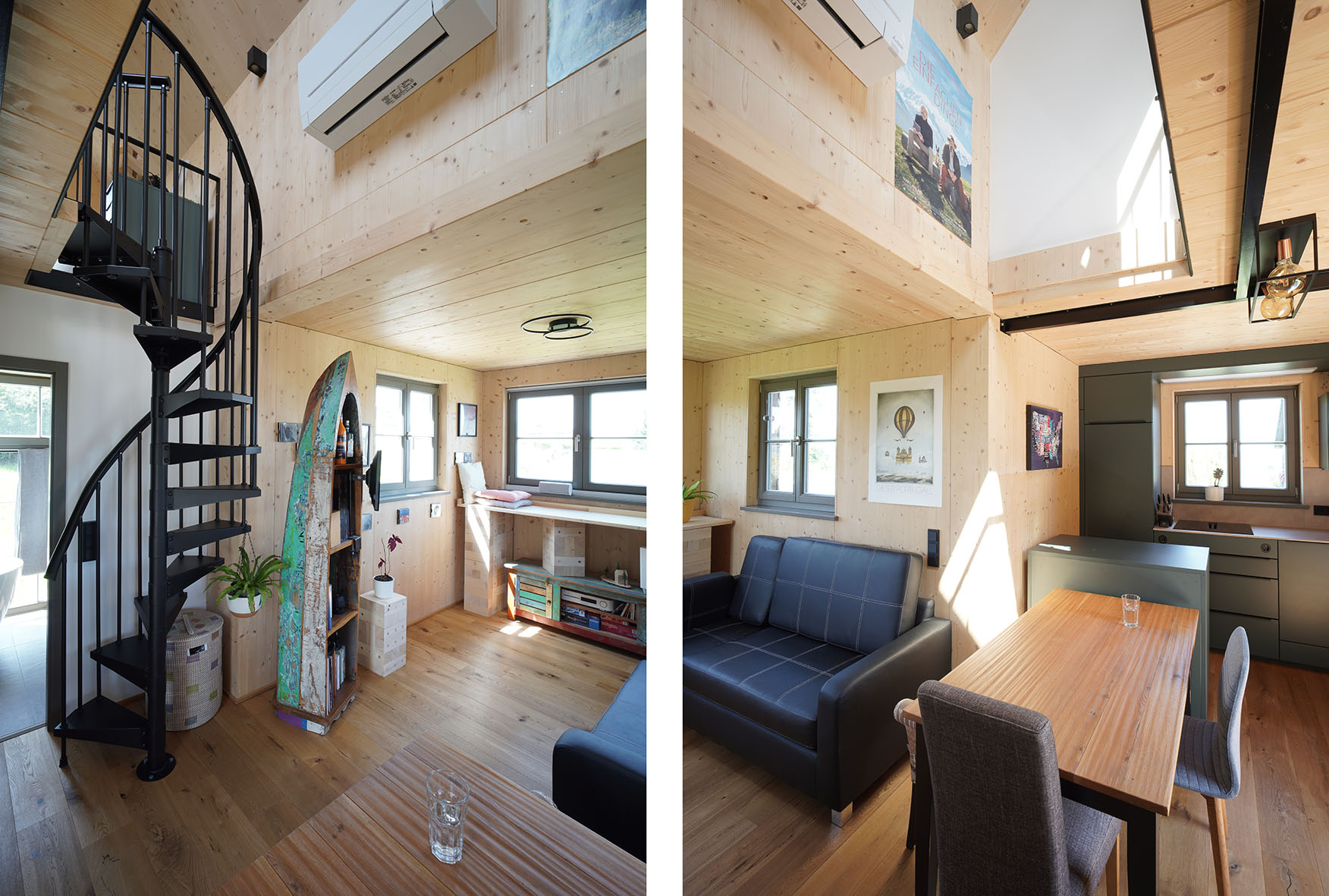 Zwei Innenaufnahmen von einem Tinyhouse - Wohn-Ess-Zimmer-Bereich und Küche