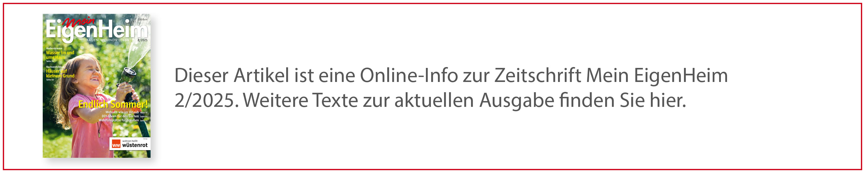 Aktuelles Titelblatt von Mein EigenHeim 2/2025 mit Verweis auf Online-Vertiefungen zur Ausgabe