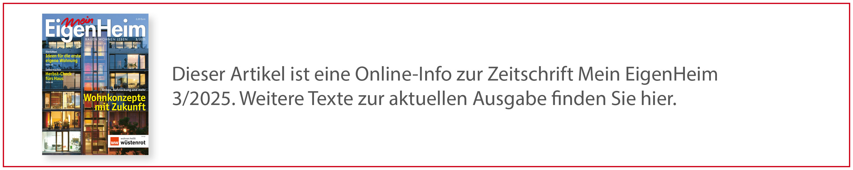 Aktuelles Titelblatt von Mein EigenHeim 3/2025 mit Verweis auf Online-Vertiefungen zur Ausgabe